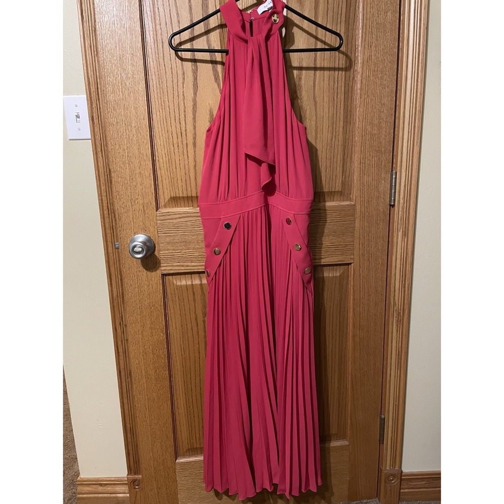 Reiss Red Pleated Halter Midi Dress Berry Pink Gold Button Detail Size 4 - Picture 7 of 14